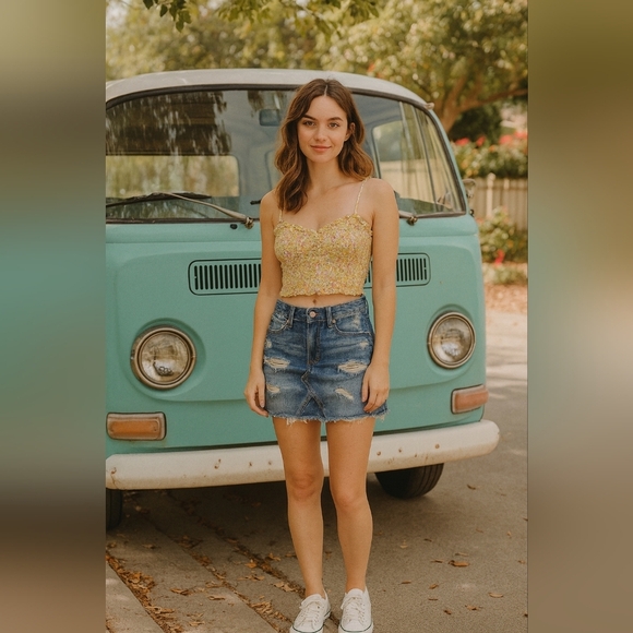 AEO Blue Distressed Denim Jean Mini Skirt Size 00 Y2k 90s Vintage Grunge Cut-off - Picture 1 of 4